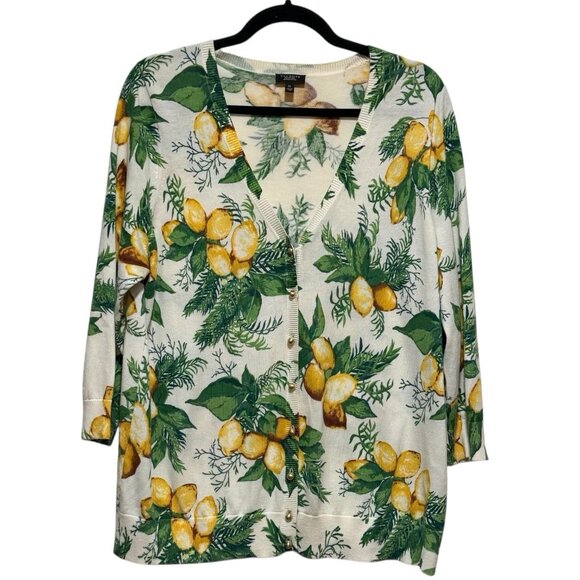 Talbots Lemon Motif Button Up Lightweight Tropical Cardigan Sweater Womens 1X - Picture 1 of 8